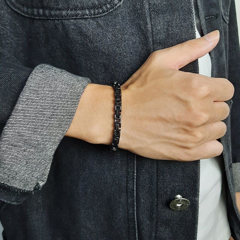 Rockyu ブレスレット メンズ ビザンチンチェーン ステンレス 幅6mm ブラック＆シルバー＆ゴールド