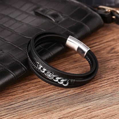 Rockyu メンズブレスレット レザー 黒 多重巻き チェーン 幅広 バングル アクセサリー