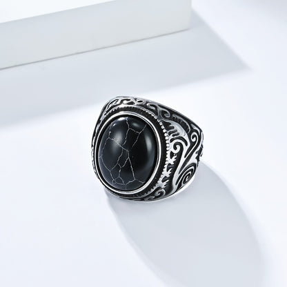 Rockyu メンズ ステンレスリング – 天然石オニキス＆タイガーアイ装飾 シルバー彫刻デザイン