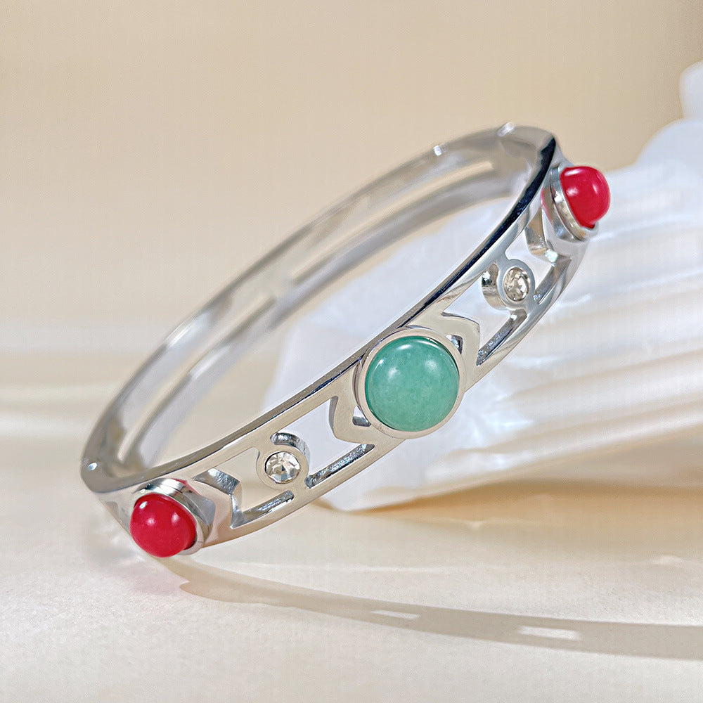 Rockyu レディース バングル 太め 透かし彫り 天然石 ゴールド・シルバー ステンレス 金属アレルギー対応