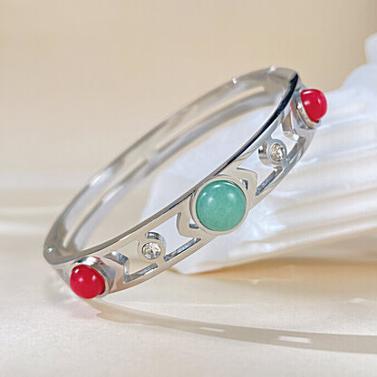 Rockyu レディース バングル 太め 透かし彫り 天然石 ゴールド・シルバー ステンレス 金属アレルギー対応