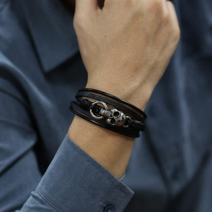 Rockyu メンズ ブレスレット レザー 黒 多重巻き 髑髏 ドクロ 編み込み バングル アクセサリー