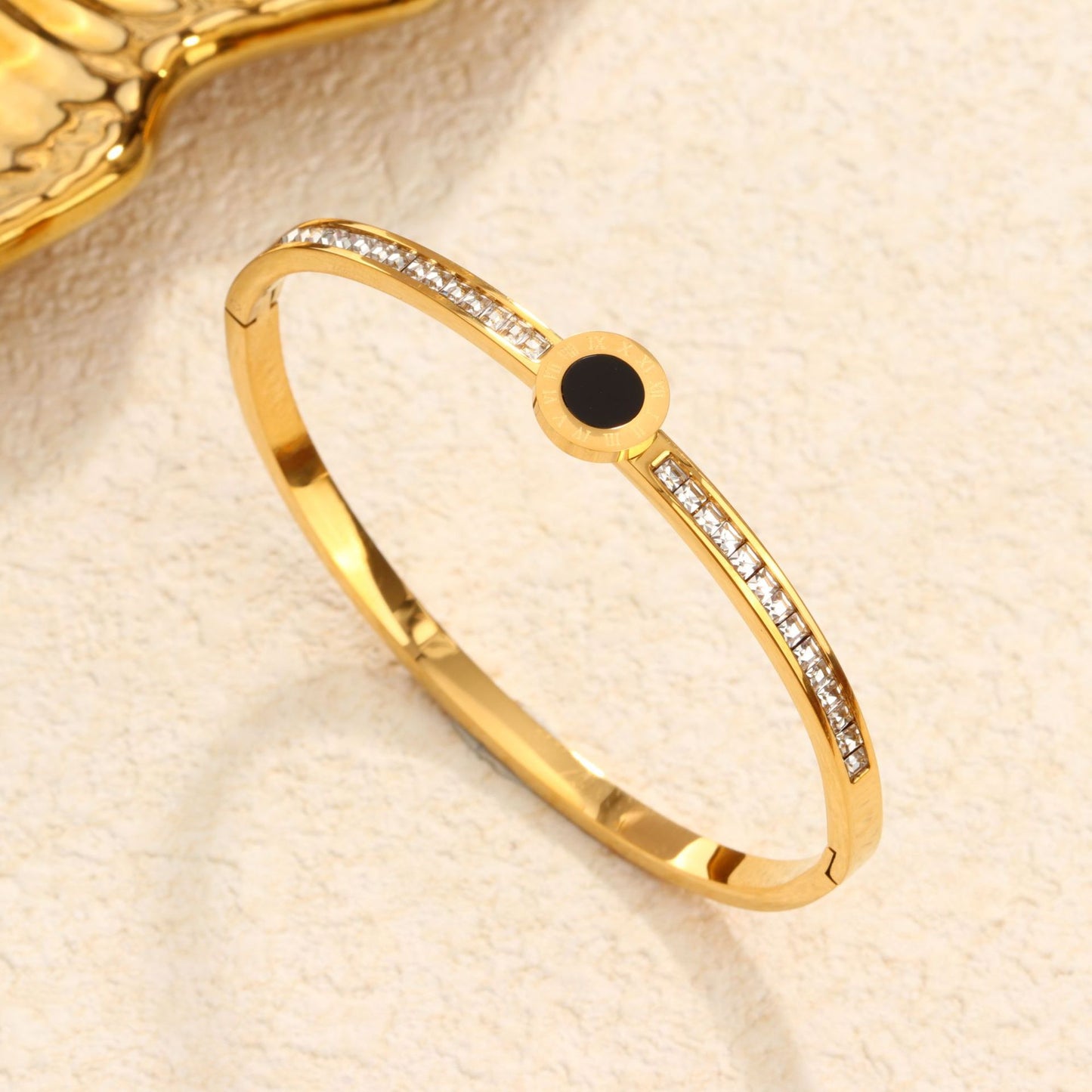 Rockyu バングル レディース ゴールド ステンレス ローマ数字 ラインストーン ジュエリー