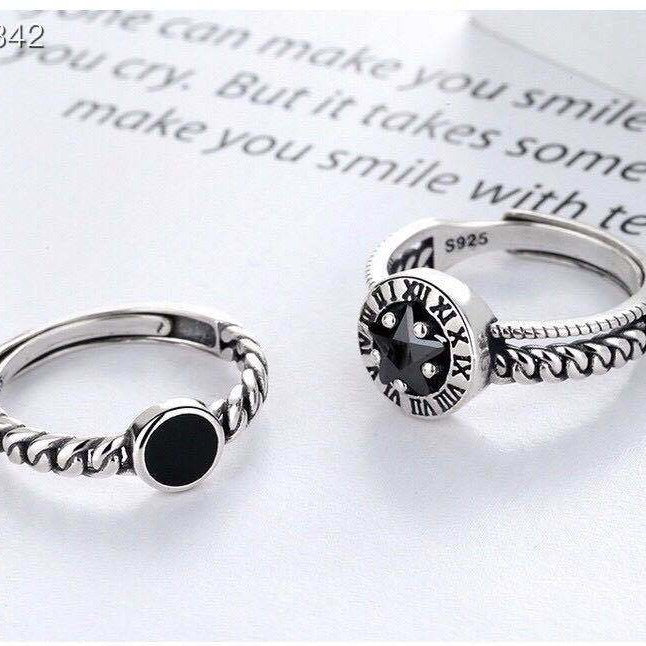 Rockyu ブラックストーン＆星モチーフ シルバー925リング メンズ・レディース対応