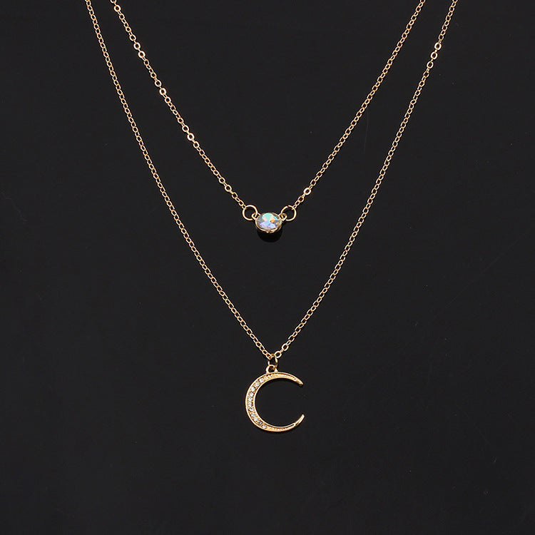 Rockyu 太陽＆月モチーフ 二連ネックレス レディース ゴールド＆シルバー オパール風ペンダント