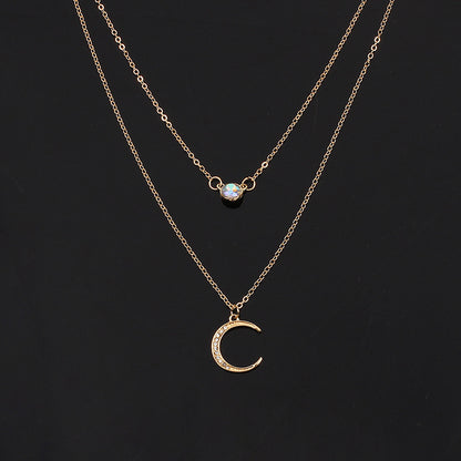 Rockyu 太陽＆月モチーフ 二連ネックレス レディース ゴールド＆シルバー オパール風ペンダント