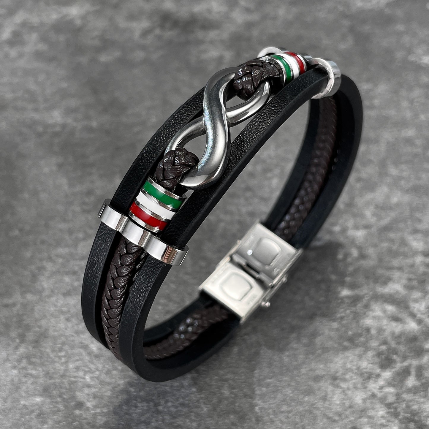 Rockyu ブレスレット メンズ インフィニティ 編み込み 三連 PUレザー ステンレス