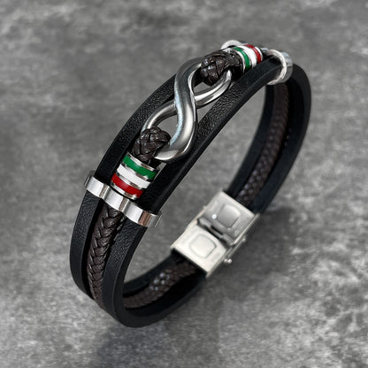 Rockyu ブレスレット メンズ インフィニティ 編み込み 三連 PUレザー ステンレス