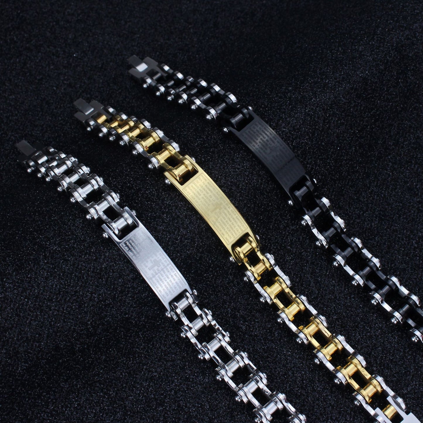 Rockyu メンズブレスレット 自転車チェーン風 ゴールド チタン製 プレート刻印 十字架 真言入り ハワイアン風 パーティーアクセサリー