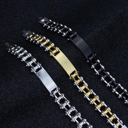 Rockyu メンズブレスレット 自転車チェーン風 ゴールド チタン製 プレート刻印 十字架 真言入り ハワイアン風 パーティーアクセサリー