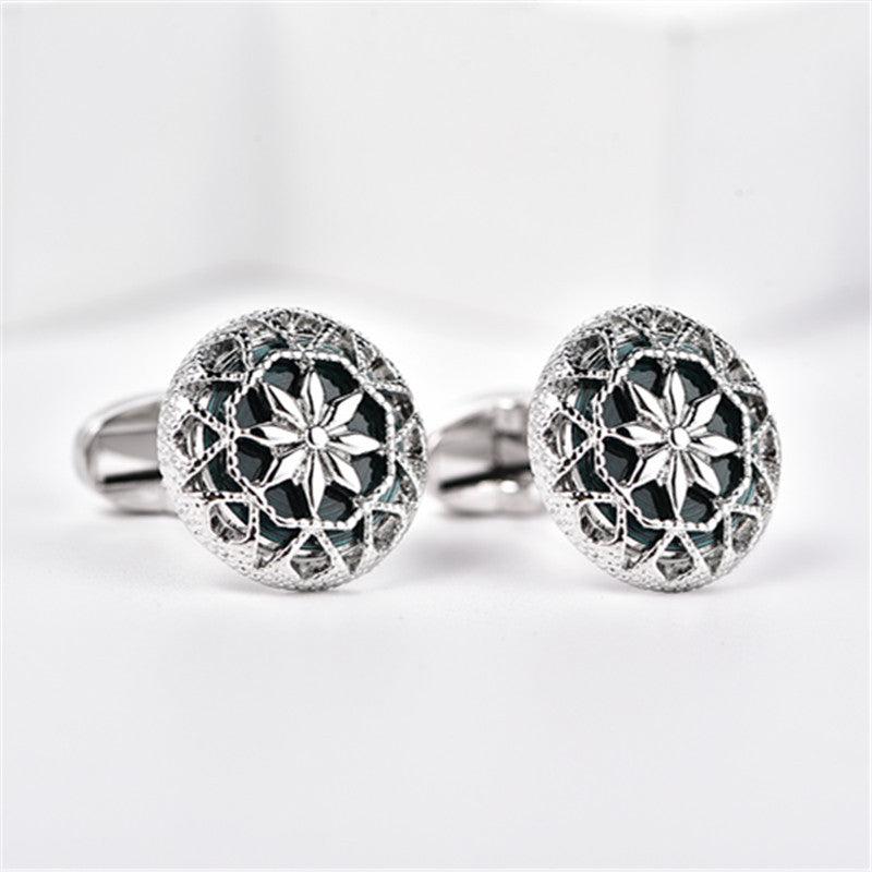 Rockyu カフス シルバーカラーバリエ 花柄透かし彫り ラウンドカフス メンズ ビジネス フォーマル ギフト
