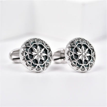 Rockyu カフス シルバーカラーバリエ 花柄透かし彫り ラウンドカフス メンズ ビジネス フォーマル ギフト