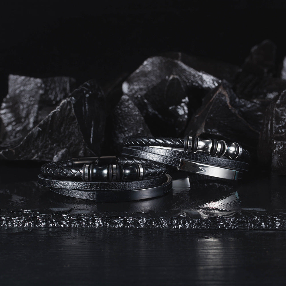 Rockyu メンズ三層レザーブレスレット ブラック ステンレス 編込みチェーン バングル