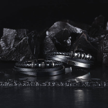 Rockyu メンズ三層レザーブレスレット ブラック ステンレス 編込みチェーン バングル