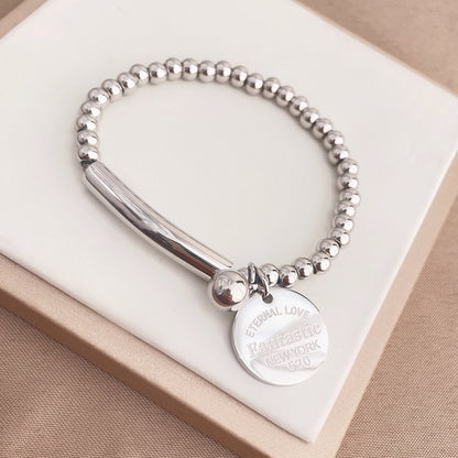 Rockyu レディースビーズブレスレット ステンレス製 刻印チャーム付き ニューヨークスタイル ファッションアクセサリー