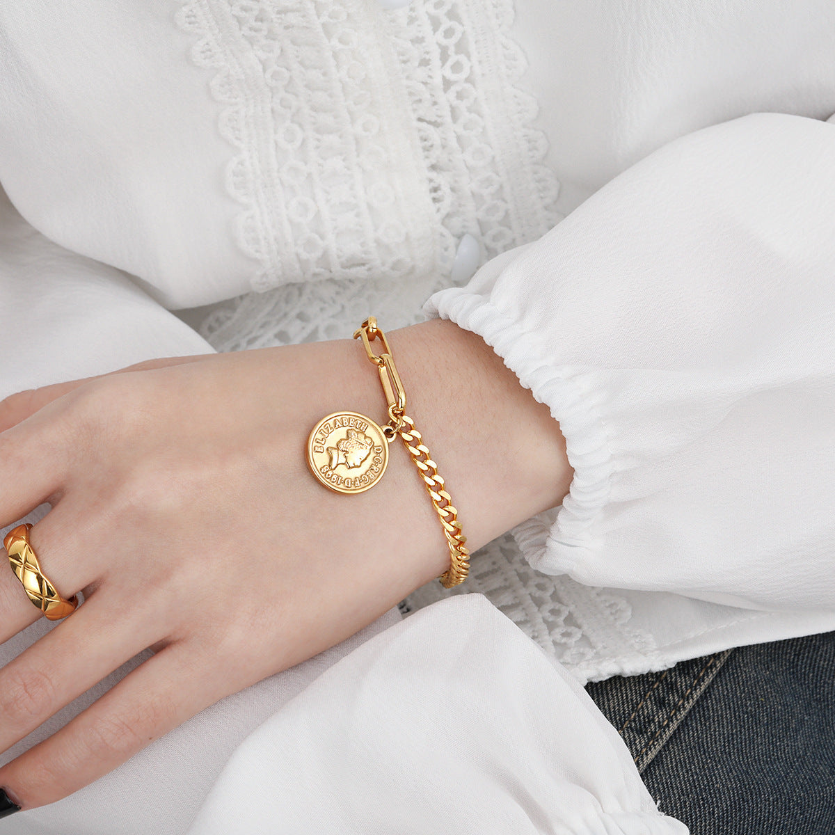 Rockyu ブレスレット レディース ピンクゴールド メダルデザイン アンティーク風 ステンレス