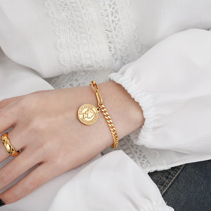 Rockyu ブレスレット レディース ピンクゴールド メダルデザイン アンティーク風 ステンレス