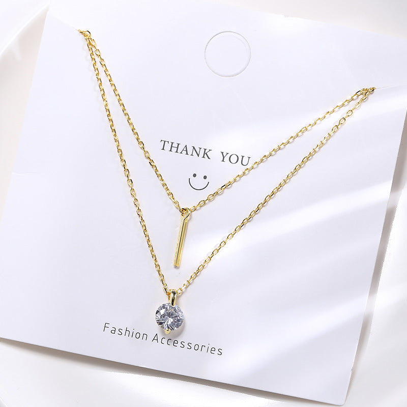 Rockyu レディースネックレス ピンクゴールド 18K 一粒ダイヤモンド スティックペンダント 2連チェーン 純銀仕上げ ジュエリー