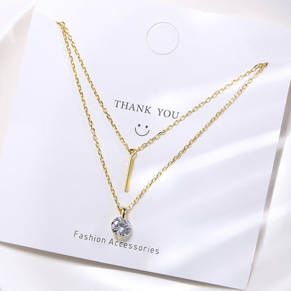 Rockyu レディースネックレス ピンクゴールド 18K 一粒ダイヤモンド スティックペンダント 2連チェーン 純銀仕上げ ジュエリー