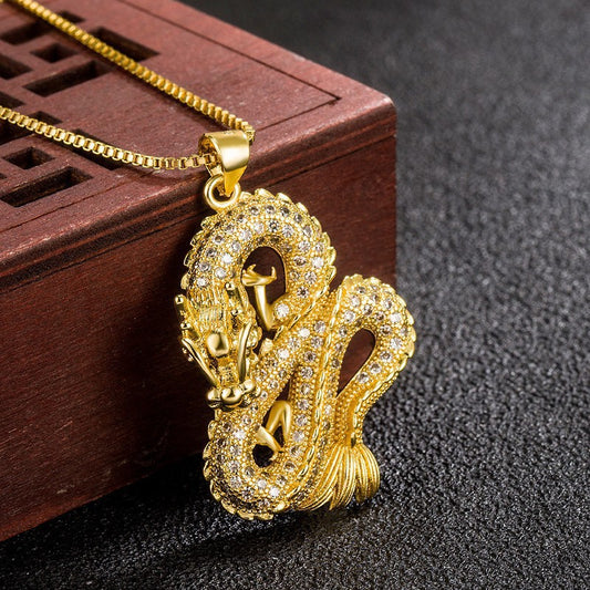 Rockyu ドラゴンネックレス メンズ｜ジルコニア 龍モチーフ ペンダント ゴールド＆シルバー 2色展開