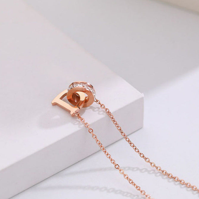 Rockyu ネックレス レディース Dイニシャル リング付き 2連ペンダント ピンクゴールド＆シルバー CZダイヤ 18金メッキ チタン製