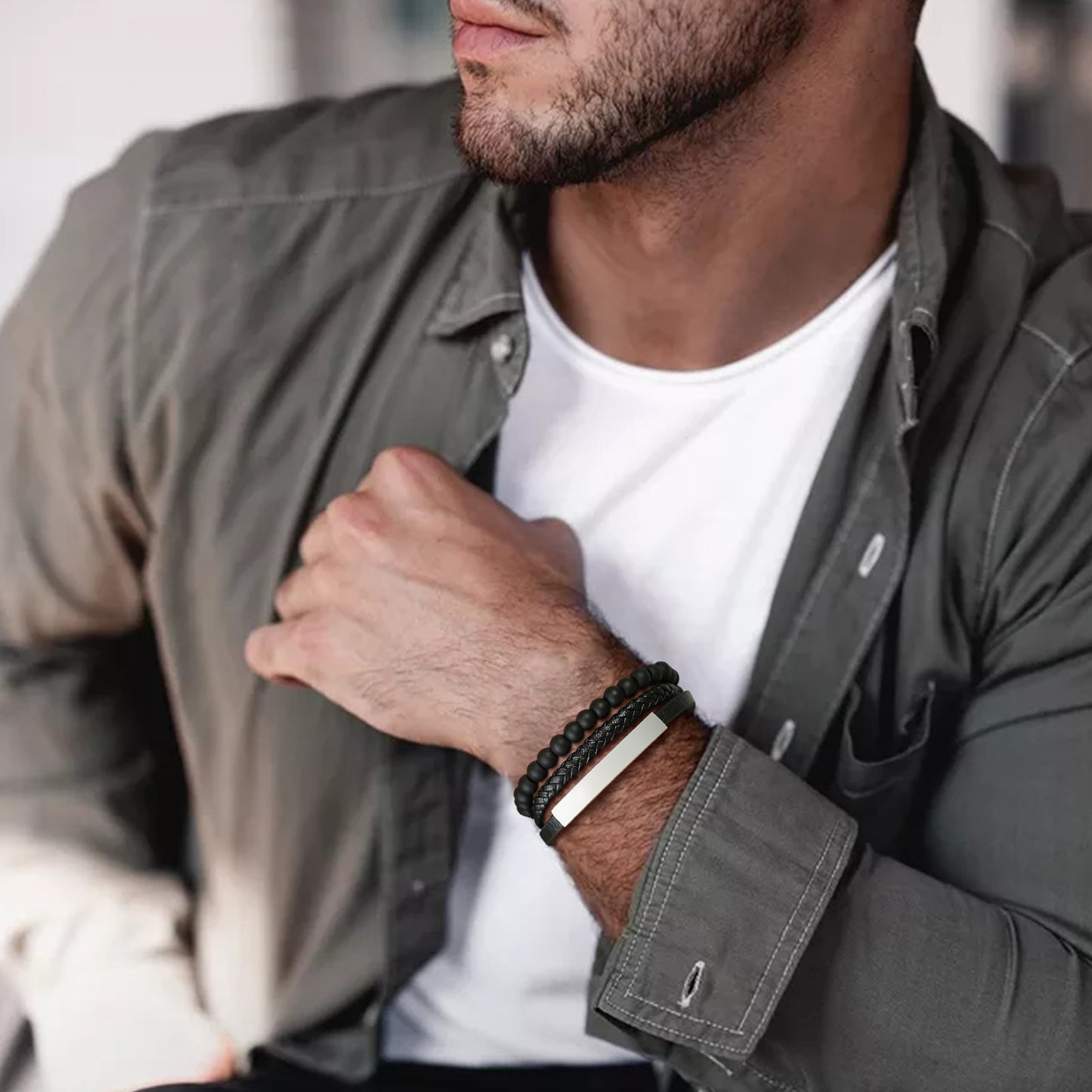 Rockyu ブレスレット メンズ レディース レザー ブラック ステンレス 3連 編み込み ビーズ 腕輪