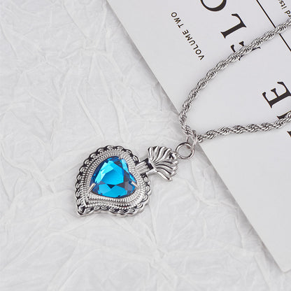 Rockyu ネックレス メンズ レディース シルバー ロープチェーン 50cm+5cm ハートネックレス グリーン/ブルー/レッド/イエロー/ホワイト チタン 金属アレルギー対応 ペンダント アクセサリー