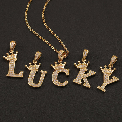 Rockyu イニシャルネックレス A〜Z メンズ レディース ジルコニア クラウンデザイン 真鍮製 ゴールドチェーン付き