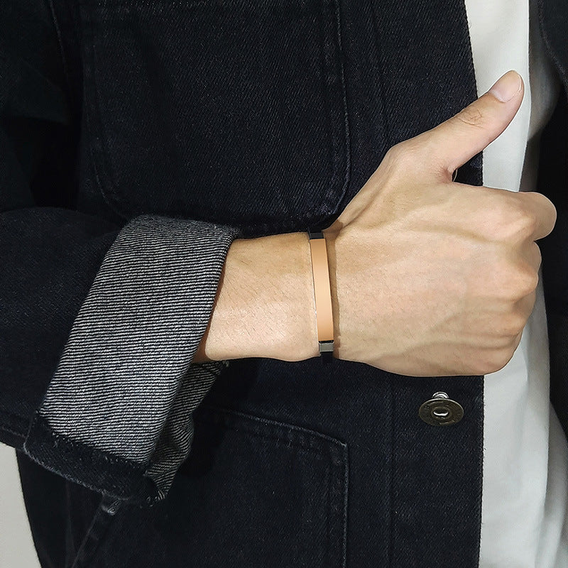 Rockyu ブレスレット メンズ 本革 プレートデザイン ステンレス製 金属アレルギー対応 レザーバングル