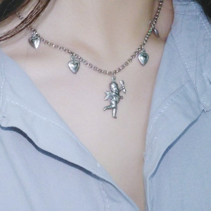 Rockyu ネックレス レディース シルバー キューピッド×ハートチャーム｜天使モチーフの可愛いチタンペンダント