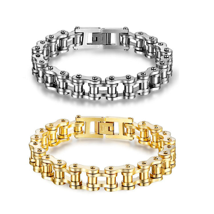 Rockyu バイクチェーン風ブレスレット メンズ ステンレス製 重厚デザイン 12mm幅