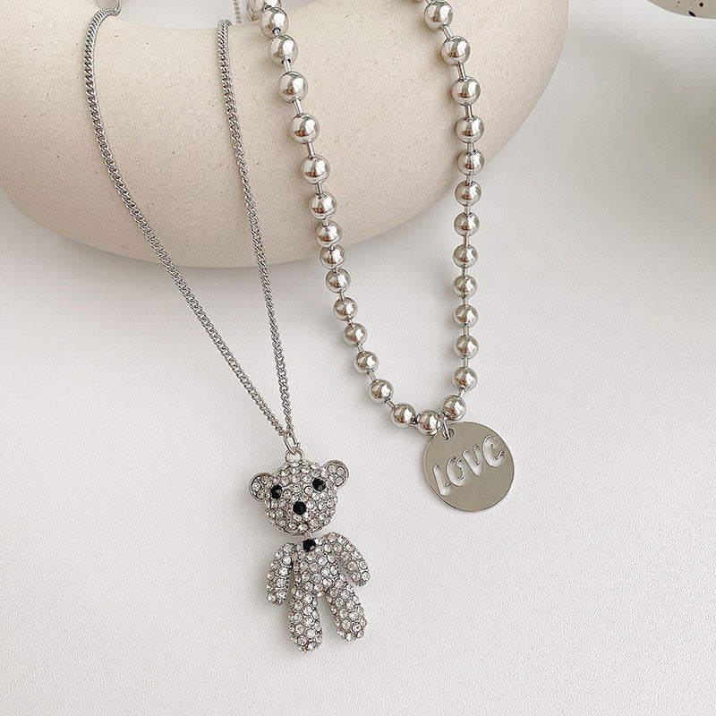 Rockyu レディースネックレス うさぎとくまの二連ロングチェーンペンダント