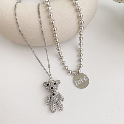 Rockyu レディースネックレス うさぎとくまの二連ロングチェーンペンダント