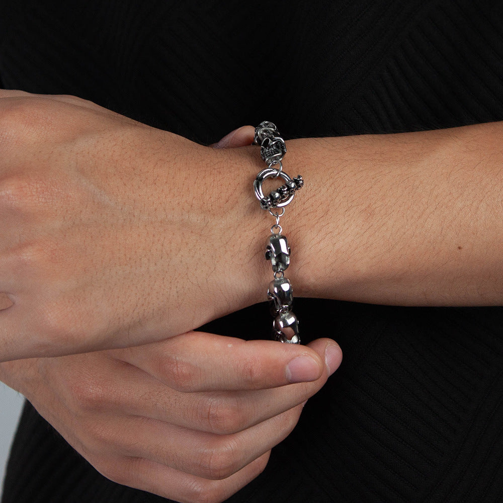 Rockyu スカルチェーンブレスレット メンズ｜ゴシック＆ロックデザイン｜幅広 シルバー｜サージカルステンレス製 金属アレルギー対応