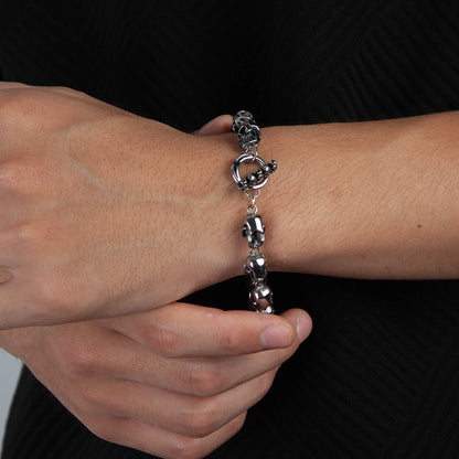 Rockyu スカルチェーンブレスレット メンズ｜ゴシック＆ロックデザイン｜幅広 シルバー｜サージカルステンレス製 金属アレルギー対応