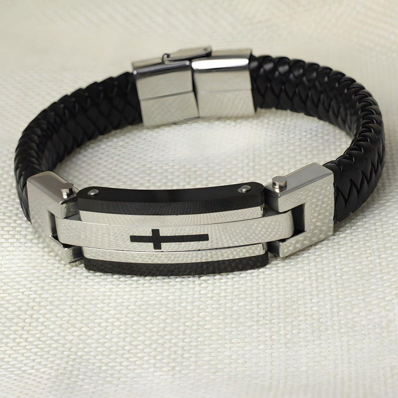 Rockyu ブレスレット メンズ レザー ブラック 十字架 ステンレス 革製バングル シンプル 腕輪