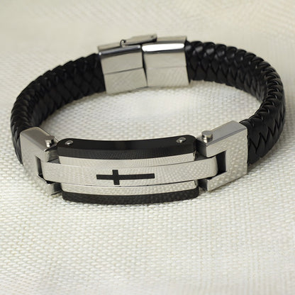 Rockyu ブレスレット メンズ レザー ブラック 十字架 ステンレス 革製バングル シンプル 腕輪