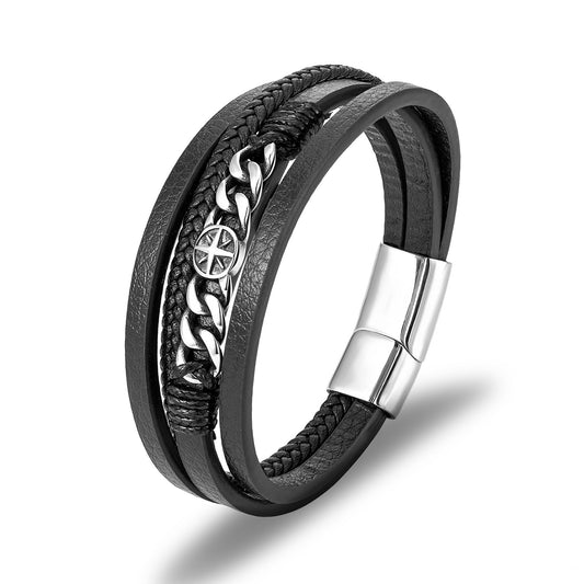 Rockyu メンズブレスレット レザー 黒 多重巻き チェーン 幅広 バングル アクセサリー