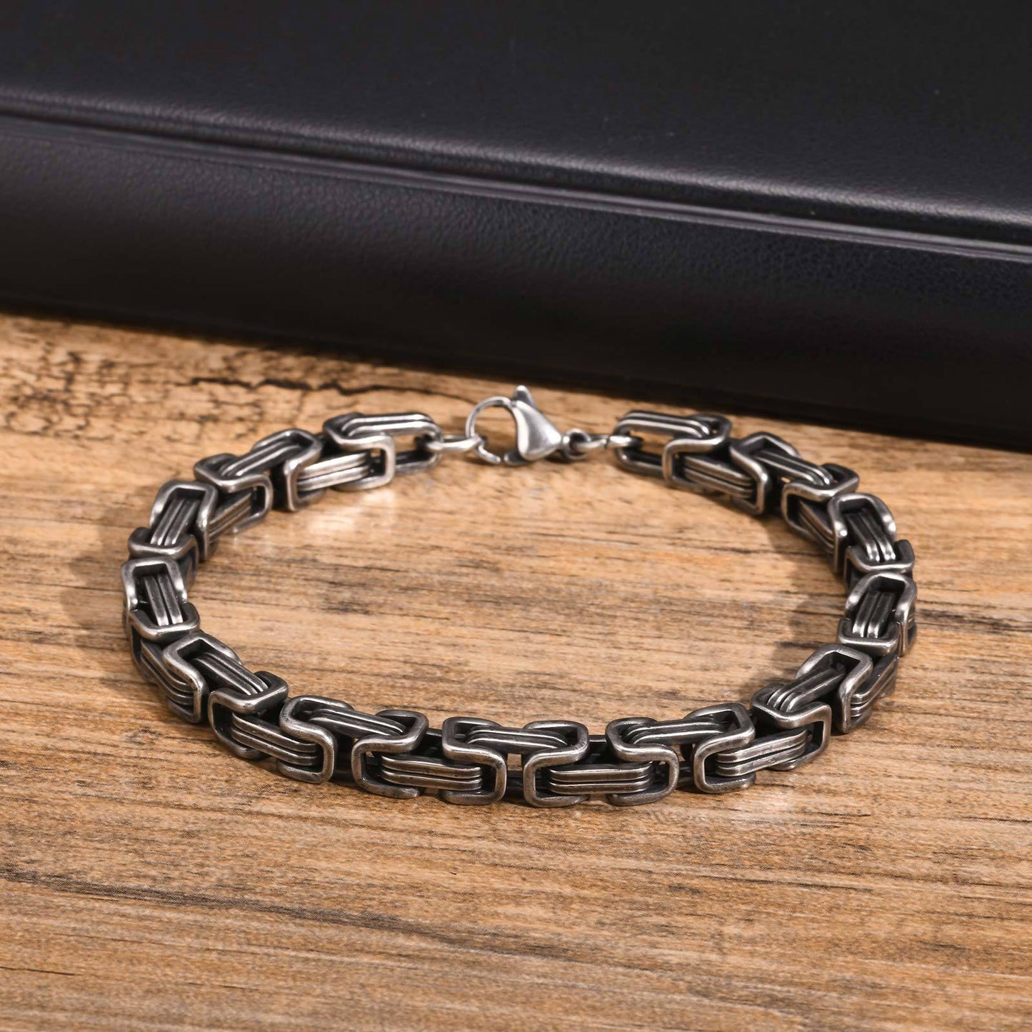 Rockyu ブレスレット メンズ ビザンチンチェーン ステンレス 幅6mm ブラック＆シルバー＆ゴールド