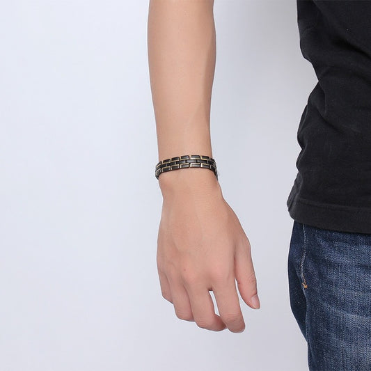 Rockyu メンズ 磁気ブレスレット ステンレス製 3連デザイン ブラック×ゴールド 高級感 シンプルおしゃれ