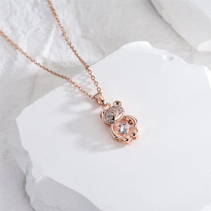 Rockyu ネックレス レディース テディベア CZ ピンクゴールド くまモチーフ 鎖骨チェーン