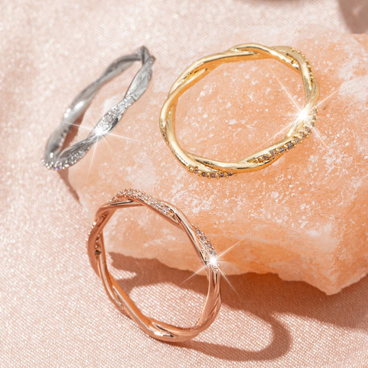 Rockyu ひねりデザイン ジルコニアリング 3色セット レディース 細身 ステンレス アレルギー対応