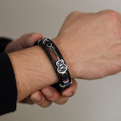 Rockyu ブレスレット メンズ 音楽モチーフ レザー バングル ギター デザイン PU革 ステンレス製 アクセサリー