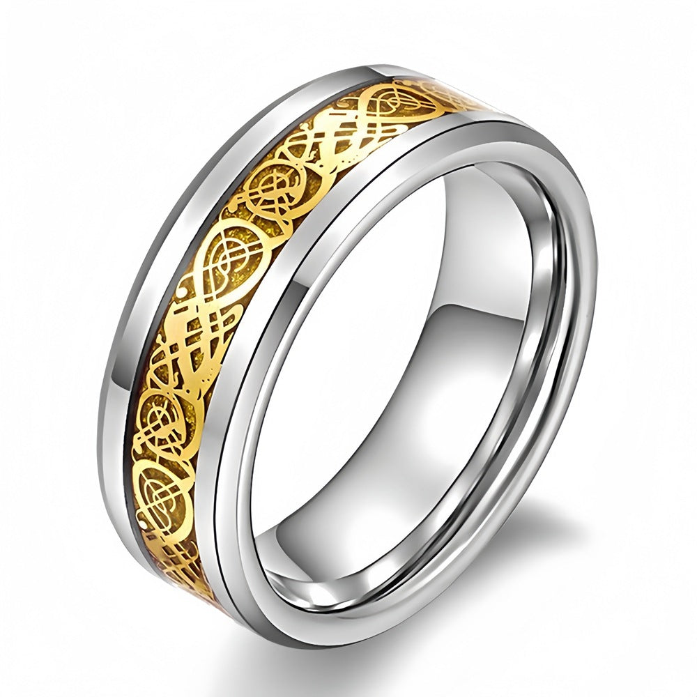 Rockyu タングステン 龍紋デザインリング メンズ レディース 幅6mm 8mm シルバー ゴールド ブルー