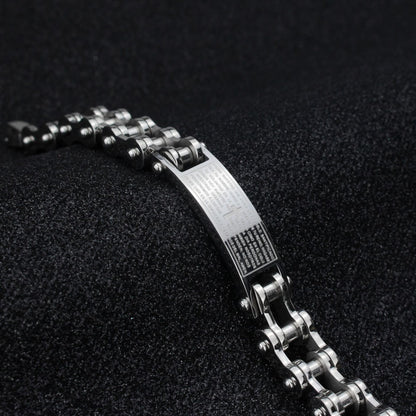 Rockyu メンズブレスレット 自転車チェーン風 ゴールド チタン製 プレート刻印 十字架 真言入り ハワイアン風 パーティーアクセサリー