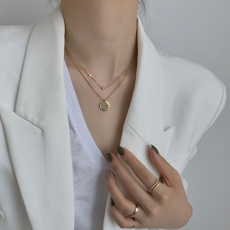 Rockyu レディース二連ネックレス ゴールド コインペンダント ステンレス製 鎖骨アクセ