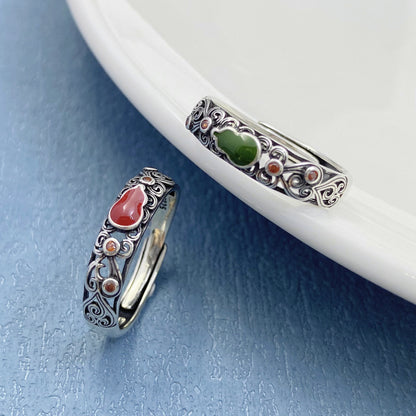 Rockyu ペアリング シルバー925 瓢箪モチーフ 唐草透かし彫りリング 赤/緑 男女兼用 フリーサイズ結婚指輪