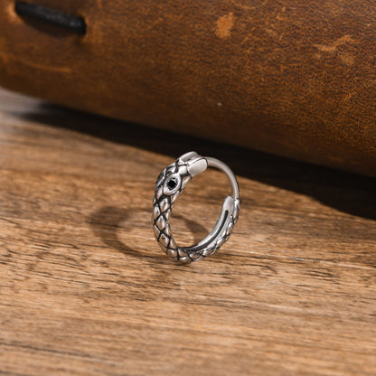 Rockyu ピアス メンズ ステンレス 蛇モチーフ フープ ブラックジルコニア シルバー 片耳用