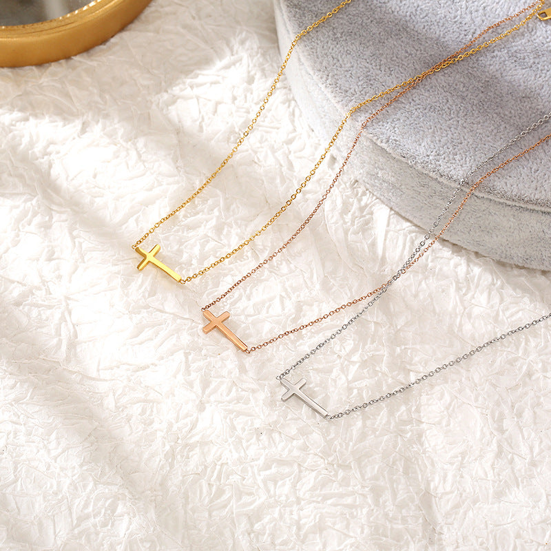Rockyu 十字架ネックレス ピンクゴールド ステンレス製 シンプルクロス チェーンアクセサリー