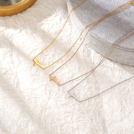 Rockyu 十字架ネックレス ピンクゴールド ステンレス製 シンプルクロス チェーンアクセサリー